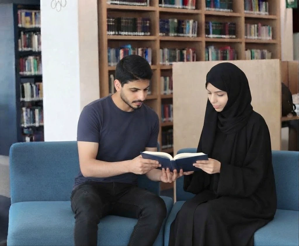 Students studying together in a university library